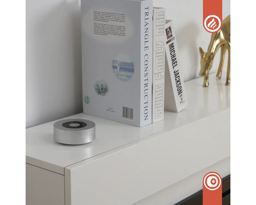 Dekorative Szene mit Bücherstapel und einem runden, silberfarbenen Lautsprecher auf einem Regal.