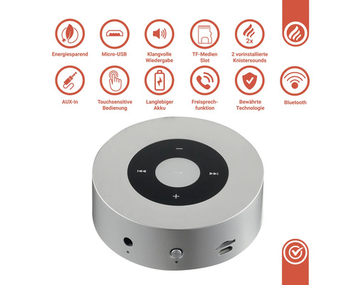 Silberner Bluetooth Lautsprecher mit Energiesparfunktion, Micro-USB Anschluss, TF-Medien Slot, AUX-In und Touchbedienung