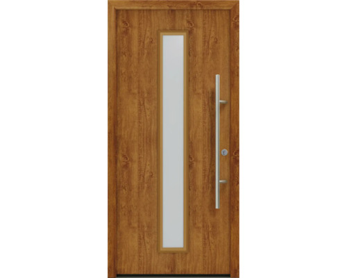 Haustür EcoStar ISOPRO Secur IPS 020S 1100 x 2100 mm Rechts golden oak inkl. Beschlag-Set,Edelstahl Stangengriff,Sicherheitsprofilzylinder mit 5 Schlüsseln Holztür mit Glaseinsatz und Metallgriff