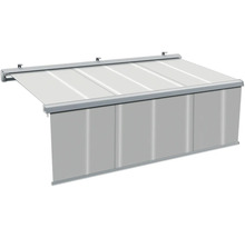 Halbkassettenmarkise Vernazza 4x3 Stoff grau Gestell RAL 9006 weißaluminium inkl. Motor, Fernbedienung und Nothandkurbel mit manuell verstellbarem Volant (1,5m)