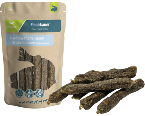 Hundesnack DAUERKAUER Fischkauer Island Fischwürstchen, 6 Stück, ca. 84 g Zahnpflege, Stressabbau für Hunde , Kauartikel