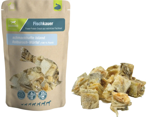 Hundesnack DAUERKAUER Fischkauer Island Rotbarsch-Würfel ca. 60 g Zahnpflege, Stressabbau für Hunde , Kauartikel