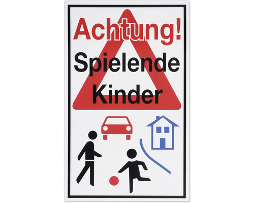 Warnschild Achtung spielende Kinder, Verkehrsschild mit Symbolen für Kinder, Auto und Haus