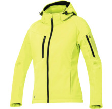 Gelbe Damen Softshelljacke mit Kapuze und schwarzen Reißverschlüssen