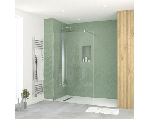 Walk In mit Aurlane Essential 120 x 195 cm Profil chrom Klarglas Reversibel Begehbare Dusche mit Handtuchwärmer, Nische und Holzverkleidung in einem hellen Badezimmer