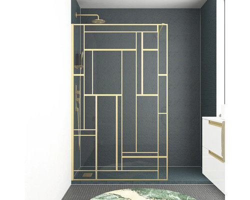 Walk In mit Aurlane Art Deco Gatsvy 120 x 195 cm Profil gold Klarglas Reversibel Duschkabine mit geometrischem Rahmen und Duschkopf