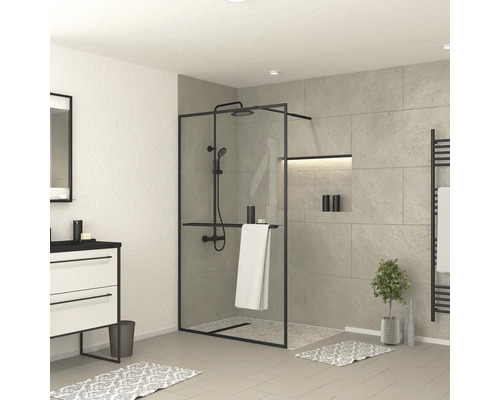 Walk In Aurlane Dark Edge Shelf 120 x 200 cm Profil schwarz Klarglas Reversibel Modernes Badezimmer mit begehbarer Dusche, Waschtisch und Heizkörper
