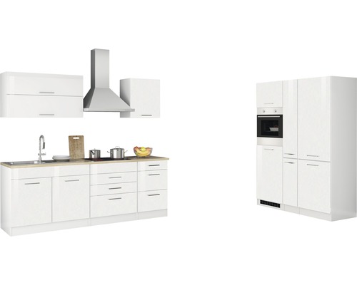 Komplette Küche mit Spüle, Herd, Dunstabzugshaube, Hänge- und Unterschränken sowie einem Hochschrank mit integriertem Backofen.