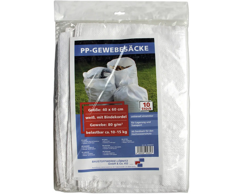 Verpackung mit zehn weißen Polypropylen Gewebesäcken, Größe 40 mal 60 Zentimeter, mit Bindekordel