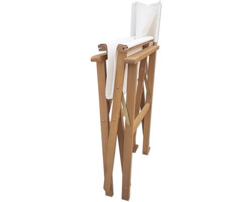 Holzregiestuhl mit weißem Stoffbezug im zusammengeklappten Zustand