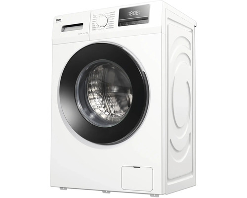 Weiße PKM Waschmaschine mit schwarzer Tür und digitaler Anzeige