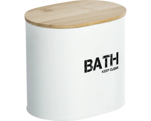 Weißer Kosmetikbehälter mit Bambusdeckel und Aufschrift BATH KEEP CLEAN
