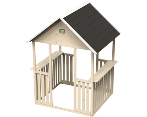 Holzspielhaus mit Dach und integrierten Bänken