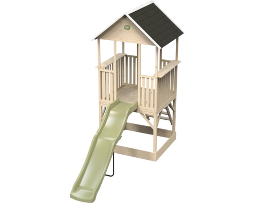 Spielturm aus Holz mit Rutsche