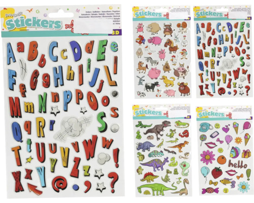 Verschiedene Stickerbögen mit Motiven wie Buchstaben, Tiere und Dinosaurier.