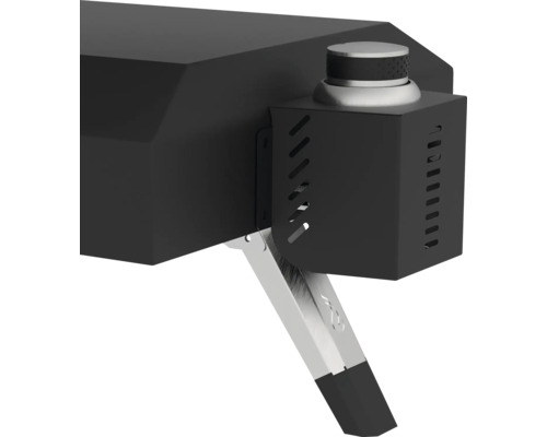 Detailansicht eines schwarzen Pizzaofens mit silberfarbenem Einstellknopf und Standbein.