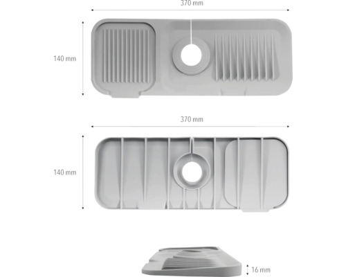 Abbildung eines Abtropfgestells mit den Maßen 370 mm mal 140 mm und einer Höhe von 16 mm.