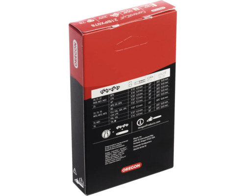 Verpackung einer Oregon Sägekette mit technischen Details und Oregon Logo