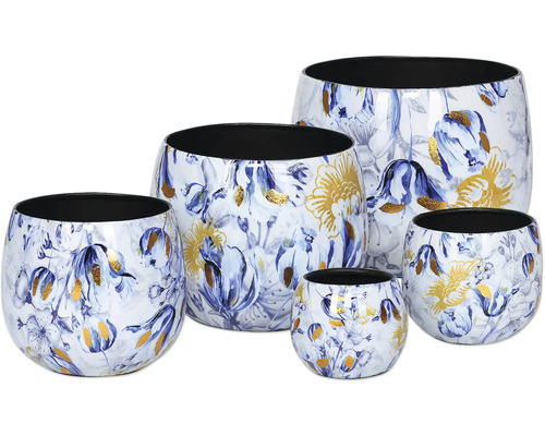 Blumentöpfe aus Metall mit floralem Muster, Set aus fünf Töpfen