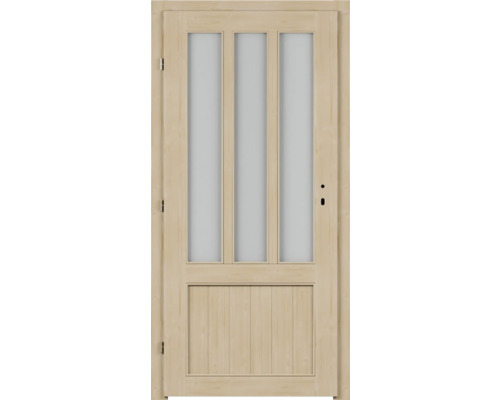 Holztür mit drei Glasausschnitten im oberen Bereich und vertikalen Holzpaneelen im unteren Bereich