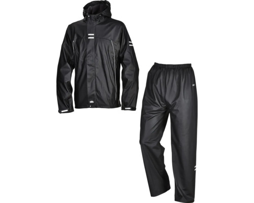 Schwarze Regenbekleidung bestehend aus Jacke und Hose