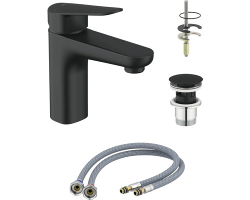 Waschtischarmatur in Schwarz mit Montagezubehör und flexiblen Anschlussschläuchen