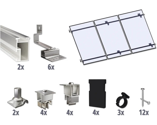 Montageset für 3 PV-Module (3x1) auf Schrägdach/Ziegeldach inkl. 2x Montageschiene 3650 mm