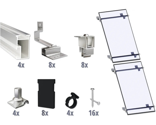 Montageset für 2 PV-Module (1x2) auf Schrägdach/Ziegeldach inkl. 4x Montageschiene 1200 mm