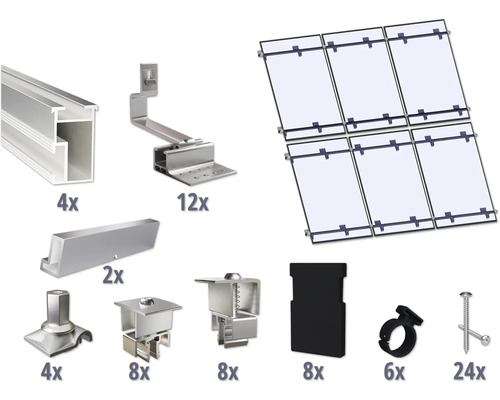 Montageset für 6 PV-Module (3x2) auf Schrägdach/Ziegeldach inkl. 4x Montageschiene 3650 mm