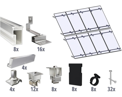 Montageset für 8 PV-Module (4x2) auf Schrägdach/Ziegeldach inkl. 8x Montageschiene 2400 mm