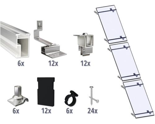 Montageset für 3 PV-Module (1x3) auf Schrägdach/Ziegeldach inkl. 6x Montageschiene 1200 mm