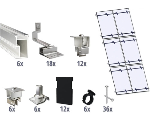 Montageset für 6 PV-Module (2x3) auf Schrägdach/Ziegeldach inkl. 4x Montageschiene 2400 mm