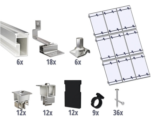 Montageset für 9 PV-Module (3x3) auf Schrägdach/Ziegeldach inkl. 6x Montageschiene 3650 mm