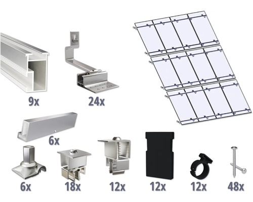 Montageset für 12 PV-Module (4x3) auf Schrägdach/Ziegeldach inkl. 9x Montageschiene 3650 mm