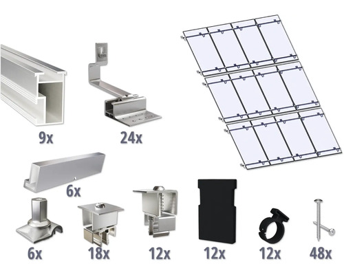 Montageset für 12 PV-Module (3x4) auf Schrägdach/Ziegeldach inkl. 8x Montageschiene 3650 mm