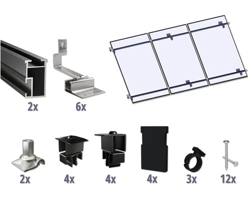 Montageset schwarz für 3 PV-Module (3x1) auf Schrägdach/Ziegeldach inkl. 2x Montageschiene 3650 mm