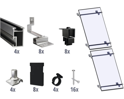 Montageset schwarz für 2 PV-Module (1x2) auf Schrägdach/Ziegeldach inkl. 4x Montageschiene 1200 mm