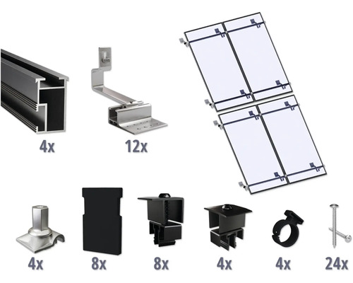 Montageset schwarz für 4 PV-Module (2x2) auf Schrägdach/Ziegeldach inkl. 4x Montageschiene 2400 mm