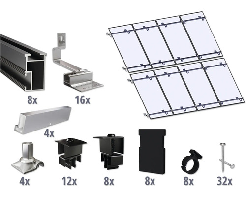 Montageset schwarz für 8 PV-Module (4x2) auf Schrägdach/Ziegeldach inkl. 8x Montageschiene 2400 mm