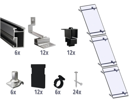 Montageset schwarz für 3 PV-Module (1x3) auf Schrägdach/Ziegeldach inkl. 6x Montageschiene 1200 mm