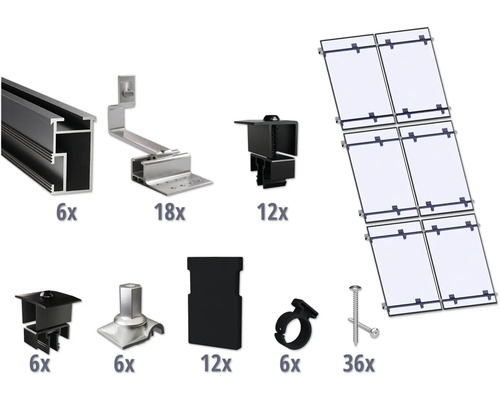 Montageset schwarz für 6 PV-Module (2x3) auf Schrägdach/Ziegeldach inkl. 6x Montageschiene 2400 mm