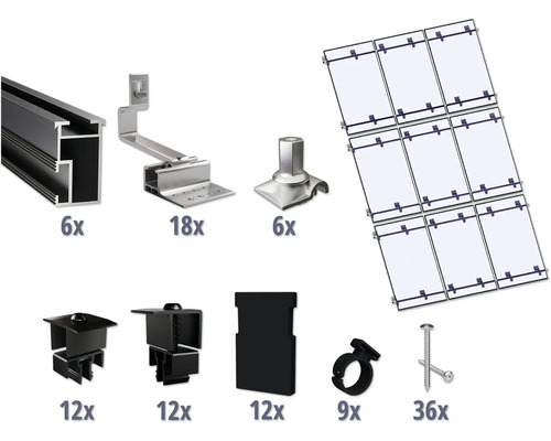 Montageset schwarz für 9 PV-Module (3x3) auf Schrägdach/Ziegeldach inkl. 6x Montageschiene 3650 mm