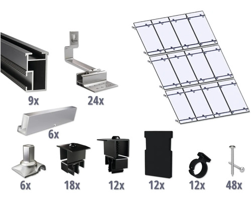 Montageset schwarz für 12 PV-Module (4x3) auf Schrägdach/Ziegeldach inkl. 9x Montageschiene 3650 mm