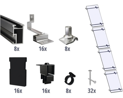 Montageset schwarz für 4 PV-Module (1x4) auf Schrägdach/Ziegeldach inkl. 8x Montageschiene 1200 mm