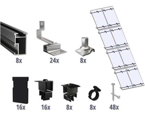 Montageset schwarz für 8 PV-Module (2x4) auf Schrägdach/Ziegeldach inkl. 8x Montageschiene 2400 mm