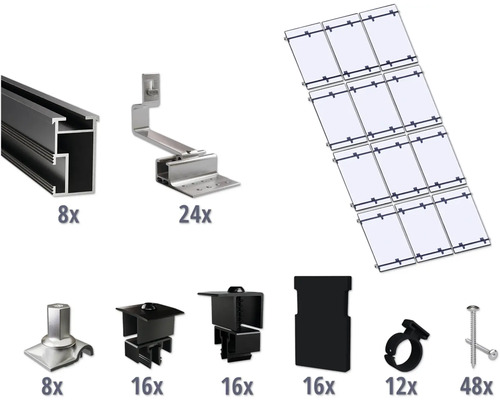 Montageset schwarz für 12 PV-Module (3x4) auf Schrägdach/Ziegeldach inkl. 8x Montageschiene 3650 mm