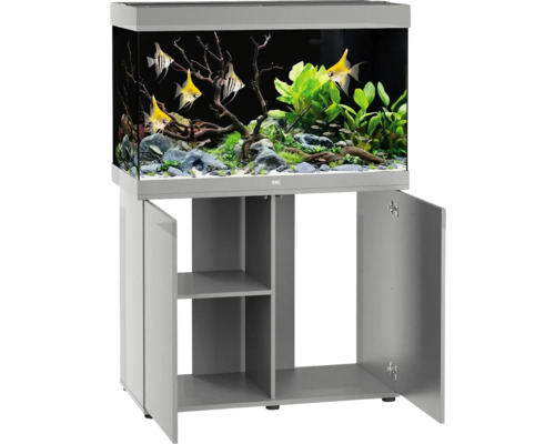 Aquarium mit Unterschrank, befüllt mit Fischen, Pflanzen und Dekoration