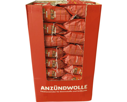 Displaykarton mit Anzündwolle für Brennstoffe und Grillkohle