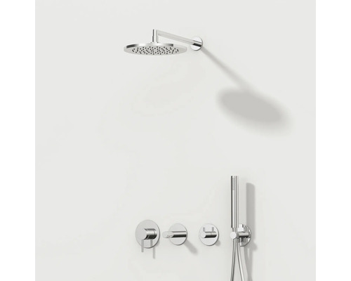 Aufputz-Duschsystem mit Kopfbrause, Handbrause und Armaturen für das Badezimmer.