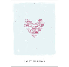 Grußkarte mit Herz aus dem Wort Liebe und dem Schriftzug Happy Birthday